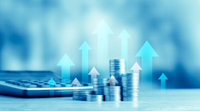 Graphic of money with arrows pointing up.