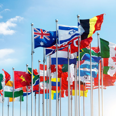 Multiple country flags flying.